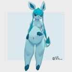  1:1 3_toes 4_fingers anthro artist_name belly big_belly blue_body blue_eyes blue_fur blue_hair blue_nose blue_sclera blush breasts digital_media_(artwork) eeveelution featureless_breasts feet female fingers full-length_portrait fur generation_4_pokemon glaceon hair hand_on_stomach hands_on_belly hi_res looking_at_viewer mammal navel nintendo nude outie_navel overweight pokemon pokemon_(species) portrait pregnant pregnant_anthro pregnant_female signature simple_background smile solo tail thick_thighs toes yutic 