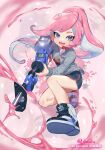  1girl artist_name black_footwear black_shorts blue_eyes commentary dot_nose e-liter_4k_(splatoon) fang grey_shirt gun high_ponytail highres holding holding_gun holding_weapon jinkobanana long_hair long_sleeves low-tied_long_hair octoling octoling_girl open_mouth paint pink_hair rifle shirt shoes shorts sniper_rifle solo splatoon_(series) swept_bangs symbol-only_commentary tentacle_hair weapon white_footwear 