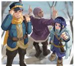  1girl 2boys absurdres ainu_clothes asirpa bare_tree beard belt black_hair blue_eyes brown_hair crew_cut earrings facial_hair fist_bump golden_kamuy grey_hair gun hand_on_headwear hat head_scarf highres hoop_earrings jacket japanese_clothes jewelry looking_back military_hat military_uniform multiple_boys pointing pointing_up purple_jacket red_eyes scar scar_on_cheek scar_on_face scarf shiraishi_yoshitake sideburns snow sugimoto_saichi tree tyaui_(xjju4435) uniform weapon winter winter_clothes 