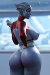 3d_(artwork) absurd_res alien alien_humanoid apone3d areola asari big_breasts big_butt breasts butt clothing digital_media_(artwork) female hand_on_hip hi_res humanoid lips mass_effect mature_female nipples not_furry pseudo_hair rear_view samara scales solo thick_thighs thong topwear underwear wide_hips 