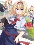  1girl alice_margatroid apple basket black_dress blonde_hair blue_dress blue_eyes blush book bow capelet dress food fruit hairband highres holding holding_basket holding_book holding_food holding_fruit jewelry lolita_hairband looking_at_another looking_at_viewer medium_hair open_mouth puffy_short_sleeves puffy_sleeves red_bow remiria100 ring shanghai_doll short_sleeves sky smile solo touhou toy white_capelet 