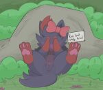  anus bow_ribbon covering covering_face embarrassed female feral flowerbud forest generation_5_pokemon genitals hi_res illusion nintendo pawpads paws penis plant pokemon pokemon_(species) presenting presenting_pussy pussy rock shrub solo trans_(lore) trans_woman_(lore) tree zorua 