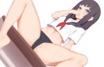  1girl bare_legs barefoot black_hair black_panties black_sailor_collar blue_eyes blush cameltoe commentary_request covered_mouth dutch_angle feet_out_of_frame hand_up highres jilu long_hair looking_at_viewer navel neckerchief no_pants original panties partially_visible_vulva red_neckerchief sailor_collar school_uniform serafuku shirt short_sleeves simple_background sitting solo spread_legs stomach underwear white_background white_shirt 