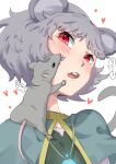  1girl animal_ears blue_capelet blush capelet commentary_request crystal grey_hair heart highres jewelry looking_at_viewer medium_bangs mouse mouse_ears mouse_girl mouse_tail nazrin open_mouth pendant red_eyes round_teeth short_hair simple_background sobayu_to_tenpura solo tail teeth touhou translation_request upper_body upper_teeth_only white_background 