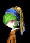  2023 absurd_res black_background clothing female fine_art_parody gardevoir generation_3_pokemon girl_with_a_pearl_earring green_hair hair hair_over_eye hi_res humanoid inspired_by_formal_art looking_at_viewer nintendo not_furry ohutuntumuri one_eye_obstructed pearl_earring pokemon pokemon_(species) red_eyes simple_background smile smiling_at_viewer solo 