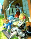  3girls ahoge apron ascot bare_shoulders barefoot black_hair black_headwear black_skirt black_vest blonde_hair blue_bow blue_eyes blue_hair bow braid brown_eyes cirno day detached_sleeves detached_wings fairy food frilled_apron frilled_skirt frills fruit hair_bow hair_tubes hakurei_reimu hat hat_removed headwear_removed highres holding holding_food holding_fruit ice ice_wings japanese_clothes kirisame_marisa long_hair multiple_girls nontraditional_miko open_mouth outdoors red_bow red_skirt ribbon-trimmed_sleeves ribbon_trim shake_0607 sidelocks single_braid skirt socks touhou veranda vest waist_apron watermelon watermelon_slice white_apron white_sleeves white_socks wide_sleeves wind_chime wings witch_hat yellow_ascot 