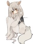  1girl alternate_hairstyle anteater_ears anteater_tail black_corset blush bow bowtie center_frills corset frills fur_collar highres hugging_own_legs kemono_friends kemono_friends_3 long_hair long_sleeves no_shoes ovoxxx pantyhose shirt solo southern_tamandua_(kemono_friends) white_bow white_bowtie white_fur white_hair white_pantyhose white_shirt yellow_eyes 
