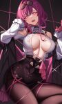  1girl bare_shoulders blush breasts cleavage collared_shirt commentary_request covered_nipples dydydyok eyewear_on_head gloves hands_up highres honkai:_star_rail honkai_(series) kafka_(honkai:_star_rail) large_breasts long_hair long_sleeves looking_at_viewer open_mouth pantyhose purple_eyes purple_gloves purple_hair purple_pantyhose shirt shirt_tucked_in smile solo sunglasses thighs white_shirt 