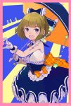  1girl alice_gear_aegis back_bow birthday blue_dress blue_eyes bow brown_hair circle_skirt commentary_request dress frilled_skirt frills gloves idol open_mouth orange_ribbon petticoat pleated_skirt ribbon shimoochiai_touka skirt solo umbrella white_gloves 