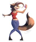  2018 anthro bottomwear breasts cleavage clothed clothing denim denim_clothing digital_drawing_(artwork) digital_media_(artwork) female hi_res jeans mammal midriff pants shirt smile solo tank_top topwear visible_underwear zachseligson zaphal_(alhedgehog) 