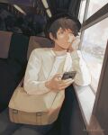  1boy artist_name bag black_hair black_headwear black_pants cellphone driftwoodwolf expressionless grey_eyes hat holding holding_phone long_sleeves male_focus original pants phone scenery shirt shoulder_bag sitting solo train train_interior white_shirt window 