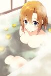  1girl alternate_hairstyle bath bathing bathtub blue_eyes blush breasts cleavage closed_mouth collarbone commentary_request completely_nude dutch_angle eyelashes food from_above fruit fruit_on_liquid hair_between_eyes highres higurashi_no_naku_koro_ni indoors looking_at_viewer medium_breasts nude orange_hair partially_submerged ryuuguu_rena short_hair short_ponytail sidelocks smile solo split_mouth steam suzuragi_karin upturned_eyes yuzu_(fruit) 