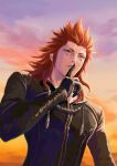  1boy axel_(kingdom_hearts) black_gloves black_robe cloud cloudy_sky eyeliner facial_mark finger_to_mouth gloves green_eyes hair_slicked_back highres hood hood_down hooded_robe kingdom_hearts kingdom_hearts_ii long_hair long_sleeves makeup male_focus mukashino parted_lips red_hair robe short_eyebrows sideburns sky solo sunset upper_body 