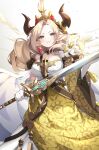  1girl blonde_hair blush breasts brown_eyes cleavage commentary_request crown dress earrings flower forehead frilled_gloves frills gloves gradient_background granblue_fantasy grey_background grin highres holding holding_sword holding_weapon horns jewelry large_breasts long_hair long_sleeves looking_at_viewer maria_theresa_(granblue_fantasy) parted_bangs parted_lips pilokey pointy_ears smile solo sword weapon white_background white_dress white_flower white_gloves wide_sleeves yellow_dress 