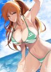  1girl arm_up armpits bikini blue_sky breasts brown_eyes cleavage closed_mouth day earrings green_bikini hand_on_own_thigh high_ponytail highres jewelry kawabata_yoshihiro large_breasts long_hair nami_(one_piece) navel ocean one_piece orange_hair outdoors partially_submerged sky solo swimsuit underboob water 