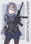  1girl ;d absurdres black_pantyhose blue_eyes blue_skirt d-sawa613 english_text gloves goggles goggles_on_head grey_background grey_gloves grey_hair grey_jacket grey_ribbon gun h&amp;k_mp5 hair_between_eyes hair_ribbon head_tilt highres holding holding_gun holding_weapon jacket layered_skirt long_hair long_sleeves looking_at_viewer low_twintails one_eye_closed original pantyhose pleated_skirt ribbon skirt sleeves_past_wrists smile solo standing submachine_gun twintails two-tone_background weapon 