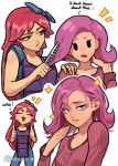  2girls absurdres artist_name atoroux blue_bow blue_eyes blush_stickers bow brushing_another&#039;s_hair brushing_hair closed_eyes double_thumbs_up english_text green_eyes hair_bow hair_brush highres long_hair looking_at_viewer multiple_girls party_girl_(terraria) pink_hair red_hair simple_background stylist_(terraria) sweater terraria thumbs_up white_background 