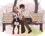  1boy 1girl alternate_costume bench blue_hair blue_sailor_collar blue_skirt blurry blurry_background brown_footwear brown_hair brown_headwear brown_pants brown_socks closed_mouth collared_shirt depth_of_field full_body hetero highres holding_hands kneehighs knees_together_feet_apart looking_at_another medium_hair miniskirt neckerchief pants park_bench persona persona_3 pleated_skirt red_neckerchief sailor_collar school_uniform shirt short_sleeves sitting skirt socks takeba_yukari white_shirt yuuki_makoto yuyuy_00 