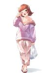  1girl absurdres b1ack_illust bag blush bra breasts brown_eyes brown_hair cleavage collarbone dot_nose heart heart_print highres holding holding_bag hood hood_down hoodie idolmaster idolmaster_million_live! idolmaster_million_live!_theater_days looking_at_viewer medium_breasts messy_hair nonohara_akane off_shoulder one_eye_closed open_mouth pants plastic_bag purple_hoodie rubbing_eyes sandals short_hair simple_background solo standing underwear white_background white_bra white_pants yawning 