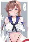  1girl blue_eyes braid breasts brown_hair calin cosplay girl_on_top grabbing_own_breast hair_ornament hairband highres kantai_collection large_breasts long_hair shimakaze_(kancolle) shimakaze_(kancolle)_(cosplay) teruzuki_(kancolle) tongue tongue_out twin_braids you_gonna_get_raped 