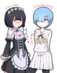  2girls black_hair blue_eyes blue_hair blush brown_eyes commentary commentary_request cosplay hair_ornament hairpin kokoro_ga_sakebitagatterunda. maid maid_headdress minase_inori multiple_girls naruse_jun naruse_jun_(cosplay) re:zero_kara_hajimeru_isekai_seikatsu rem_(re:zero) rem_(re:zero)_(cosplay) roswaal_mansion_maid_uniform school_uniform translation_request tsubaki_(tubaki_00) voice_actor_connection 