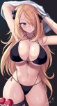  1girl alternate_eye_color arms_up bikini black_background blonde_hair blue_eyes breasts clothes_lift commentary_request cynthia_(pokemon) hair_ornament highres kasai_shin large_breasts lifted_by_self long_hair looking_at_viewer navel parted_lips poke_ball poke_ball_(basic) pokemon pokemon_(game) pokemon_dppt shirt_lift signature simple_background solo stomach swimsuit thigh_strap thighs very_long_hair 