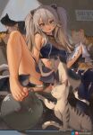  1girl ahoge animal_ears ass barefoot black_panties breasts cat_ears cleavage ear_piercing feet greatodoggo grey_hair hair_between_eyes highres hololive large_breasts lion_ears lion_girl lion_tail long_hair official_alternate_hairstyle panties piercing see-through see-through_cleavage shishiro_botan smile solo sports_bra striped striped_sports_bra tail toenails toes underwear virtual_youtuber 