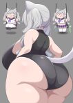  1girl ahoge animal_ears ass bare_shoulders black_leotard blush_stickers breasts cat_ears cat_girl cat_tail chibi from_behind grey_background grey_hair huge_ass huge_breasts indie_virtual_youtuber leotard long_hair magure_senshi nekono_shirone o_o shortstack sideboob simple_background solo swing tail thick_thighs thighs twintails 