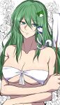  1girl aqua_eyes bandeau bare_arms bare_shoulders bikini breasts cleavage collarbone commentary_request frog_hair_ornament green_hair hair_between_eyes hair_ornament hair_tubes highres holding kochiya_sanae large_breasts long_hair looking_at_viewer navel snake_hair_ornament solo soregashi_(nobuyoshi-numa2) stomach strapless strapless_bikini swimsuit touhou upper_body white_background white_bikini 