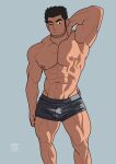  1boy arm_behind_head bara beard_stubble black_hair boxers bulge feet_out_of_frame grey_male_underwear highres large_pectorals lucas_lee male_focus male_underwear monmonhomon muscular muscular_male one_eye_closed paid_reward_available pectorals scott_pilgrim_takes_off short_hair smile solo sparse_stubble standing thick_eyebrows topless_male underwear 