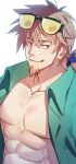  1boy abs backlighting bare_pectorals blue_ribbon brown_hair collarbone eyewear_on_head facial_hair fate/grand_order fate_(series) goatee green_shirt hair_between_eyes hair_ribbon hector_(fate) highres long_hair male_focus mature_male no_nipples open_clothes open_shirt parted_lips pectorals ponytail red_eyes ribbon shirt solo tinted_eyewear upper_body waku_(ayamix) white_background yellow-tinted_eyewear 