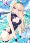  absurdres black_one-piece_swimsuit blonde_hair blue_archive blue_eyes blush bow breasts cleavage competition_swimsuit covered_navel hair_bow hair_ornament halo highleg highleg_swimsuit highres large_breasts long_hair looking_at_viewer ocean one-piece_swimsuit partially_submerged swimsuit toki_(blue_archive) tsubameno wet wet_clothes wet_swimsuit 