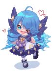  &gt;_o 1girl ;d absurdres ahoge black_bow black_dress black_footwear blue_hair bow chibi dress drill_hair green_eyes gwen_(league_of_legends) hair_bow heart highres holding holding_scissors league_of_legends long_hair looking_at_viewer momikodayo one_eye_closed pantyhose puffy_short_sleeves puffy_sleeves scissors short_sleeves simple_background smile solo twin_drills twintails white_background white_dress 