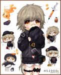  absurdres alternate_costume animal_costume bandaid bandaid_on_face bandaid_on_knee bandaid_on_leg bandaid_on_nose beret blush character_name chibi closed_mouth cowboy_shot defibrillator full_body girls&#039;_frontline hat highres holding holding_stuffed_toy hs2000_(girls&#039;_frontline) light_brown_hair long_hair long_sleeves multiple_views open_mouth orange_eyes pill stuffed_animal stuffed_toy stuffing_scone syringe teddy_bear white_background 