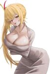  1girl :d absurdres blonde_hair blush breasts cleavage collarbone commentary_request cosplay cowboy_shot dongtan_lady_(k_pring) dongtan_lady_(k_pring)_(cosplay) dress fakey grey_dress highres hoshikawa_sara large_breasts leaning_forward long_hair long_sleeves looking_at_viewer nijisanji open_mouth red_eyes side_ponytail simple_background skindentation smile solo standing very_long_hair white_background yellow_eyes 