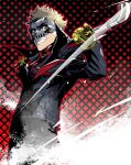  1boy black_jacket black_mask black_pants blonde_hair cofffee cowboy_shot eye_mask fang gloves grin high_collar holding holding_weapon jacket lead_pipe long_sleeves looking_at_viewer male_focus mask pants patterned_background persona persona_5 red_scarf sakamoto_ryuuji scarf short_hair skull_mask smile solo teeth weapon yellow_eyes yellow_gloves 