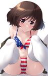  1girl akiyama_yukari american_flag_bikini ass bikini blush breasts brown_eyes brown_hair cameltoe cleavage closed_mouth collarbone flag_print girls_und_panzer highres jacket kuzuryuu_kennosuke looking_at_viewer military_uniform navel saunders_military_uniform short_hair small_breasts smile solo swimsuit thighhighs uniform white_thighhighs 