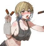  1girl bag black_choker black_tank_top blonde_hair blue_hair blush bow_(bhp) breasts choker food gradient_hair holding holding_bag holding_food large_breasts multicolored_hair navel open_mouth original saliva saliva_trail sexually_suggestive short_hair simple_background solo tank_top tearing_up teeth tongue tongue_out upper_teeth_only white_background yellow_eyes 