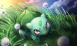  animal_focus bright_pupils bulbasaur claws closed_mouth cloud dandelion dusk fangs flower lens_flare mahoxyshoujo no_humans nostrils on_grass outdoors pokemon pokemon_(creature) red_eyes white_pupils 