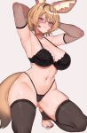  1girl absurdres ahoge animal_ear_fluff animal_ears armpits arms_behind_head black_bra black_panties black_thighhighs blonde_hair bra breasts closed_mouth collar earrings extra_ears facial_mark feet fishnet_sleeves fox_ears fox_tail glasses highres hololive jewelry large_breasts looking_at_viewer multicolored_hair nail_polish navel no_shoes omaru_polka panties purple_eyes red_collar short_hair simple_background smile solo squatting stirrup_legwear streaked_hair tail thighhighs toeless_legwear toenail_polish toenails toes underwear underwear_only varniskarnis virtual_youtuber 