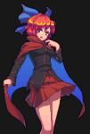  1girl :o black_shirt blue_bow bow breasts cape commentary_request feet_out_of_frame hair_bow holding holding_cape holding_clothes long_sleeves miniskirt pixel_art pleated_skirt potemki11 red_cape red_eyes red_hair red_skirt sekibanki shirt short_hair simple_background skirt solo standing touhou 