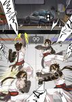 1boy 1other arknights brown_hair bulging_eyes chong_yue_(arknights) clenched_hands covering_own_ears doctor_(arknights) dragon_horns dragon_tail fighting_stance hadouken highres hooded_coat horns low_ponytail lying male_focus on_side shouryuuken sleepyowl_(jobkung15) street_fighter tail tatsumaki_senpuukyaku uppercut 