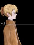  1boy aku_no_meshitsukai_(vocaloid) allen_avadonia black_background blonde_hair blue_eyes collared_jacket collared_shirt evillious_nendaiki flatlining from_side hair_ribbon heartbeat high_collar highres hui_(hisessu) jacket kagamine_len orange_jacket profile ribbon shirt short_ponytail solo vocaloid 