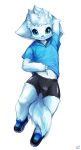  anthro arcticneu bike_shorts blue_eyes bottomwear bulge canid canine clothing fox fur hair hi_res hoodie looking_at_viewer male mammal navel shorts simple_background smile solo tail tight_bottomwear tight_clothing tight_shorts topwear white_body young 