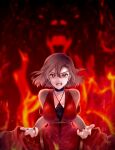  1girl absurdres bear black_choker blurry blurry_background breasts brown_hair choker claw_pose collarbone dress embers evillious_nendaiki eyelashes fangs fiery_background fingernails fire floating_hair glowing glowing_eyes glowing_mouth hair_between_eyes highres large_breasts long_fingernails long_sleeves majo_salmhofer_no_toubou_(vocaloid) meiko_(vocaloid) meta_salmhofer moonlit_bear_(vocaloid) red_dress red_eyes red_nails saliva see-through see-through_sleeves sharp_fingernails sharp_teeth short_hair slit_pupils solo teeth vocaloid yuichiromii 