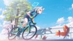  1girl absurdres animal_ears arukiru bicycle blue_archive blue_eyes cherry_blossoms closed_mouth day extra_ears grey_hair guard_rail highres leaf maple_leaf medium_hair outdoors riding riding_bicycle shiroko_(blue_archive) shiroko_(cycling)_(blue_archive) solo tree wolf_ears 