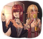  2girls blonde_hair bow bowtie breasts can choker crying crying_with_eyes_open dark_elf earrings eating elf fire food fruit hair_between_eyes highres holding holding_can holding_lighter hololive houshou_marine jewelry lighter long_hair long_sleeves medium_breasts multiple_girls necktie pineapple pineapple_slice pointy_ears red_hair shino_12a shiranui_flare tears upper_body virtual_youtuber 