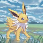  :d cloud commentary_request day fangs full_body highres ibusaki_(ivu) jolteon no_humans open_mouth outdoors pokemon pokemon_(creature) ripples sky smile solo standing tongue water wet 