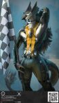  absurd_res accessory anthro atom_sergal bag bottomwear checkered_flag clothing furgonomics hand_behind_head hi_res latex_armwear male nipples pants sergal solo standing tail tail_accessory tail_bag 