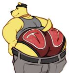  anthro big_butt black_nose bottomwear butt canid canine canis chain clothing domestic_dog fur hat headgear headwear hi_res hunnipanda looking_back male mammal overweight overweight_male pants shirt short_tail solo t-bone_(clifford) t-shirt tail topwear underwear yellow_body yellow_fur 